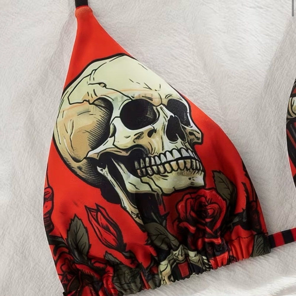 Red Skull Rose Halter Bikini Set - Picture 6 of 9